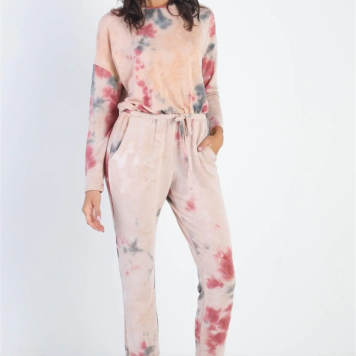 Tie-Dye Button Loop Round Neck Long Sleeve Jumpsuit