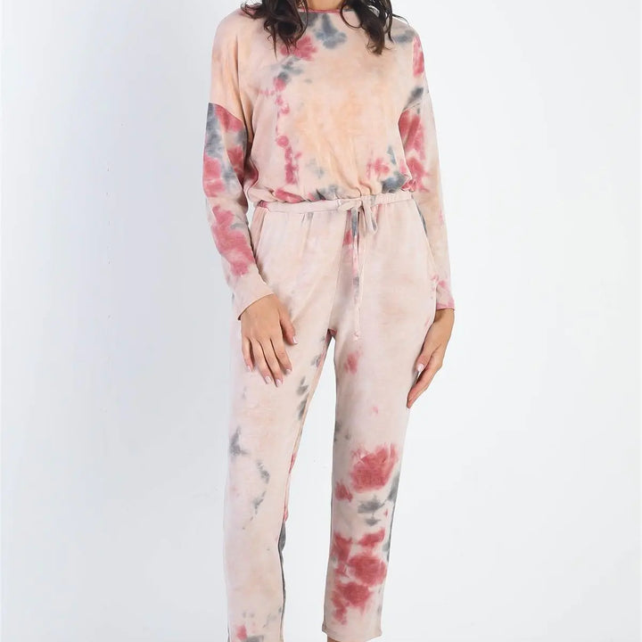 Tie-Dye Button Loop Round Neck Long Sleeve Jumpsuit