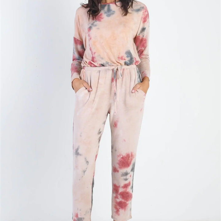 Tie-Dye Button Loop Round Neck Long Sleeve Jumpsuit