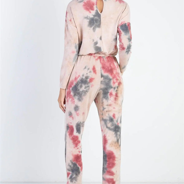 Tie-Dye Button Loop Round Neck Long Sleeve Jumpsuit